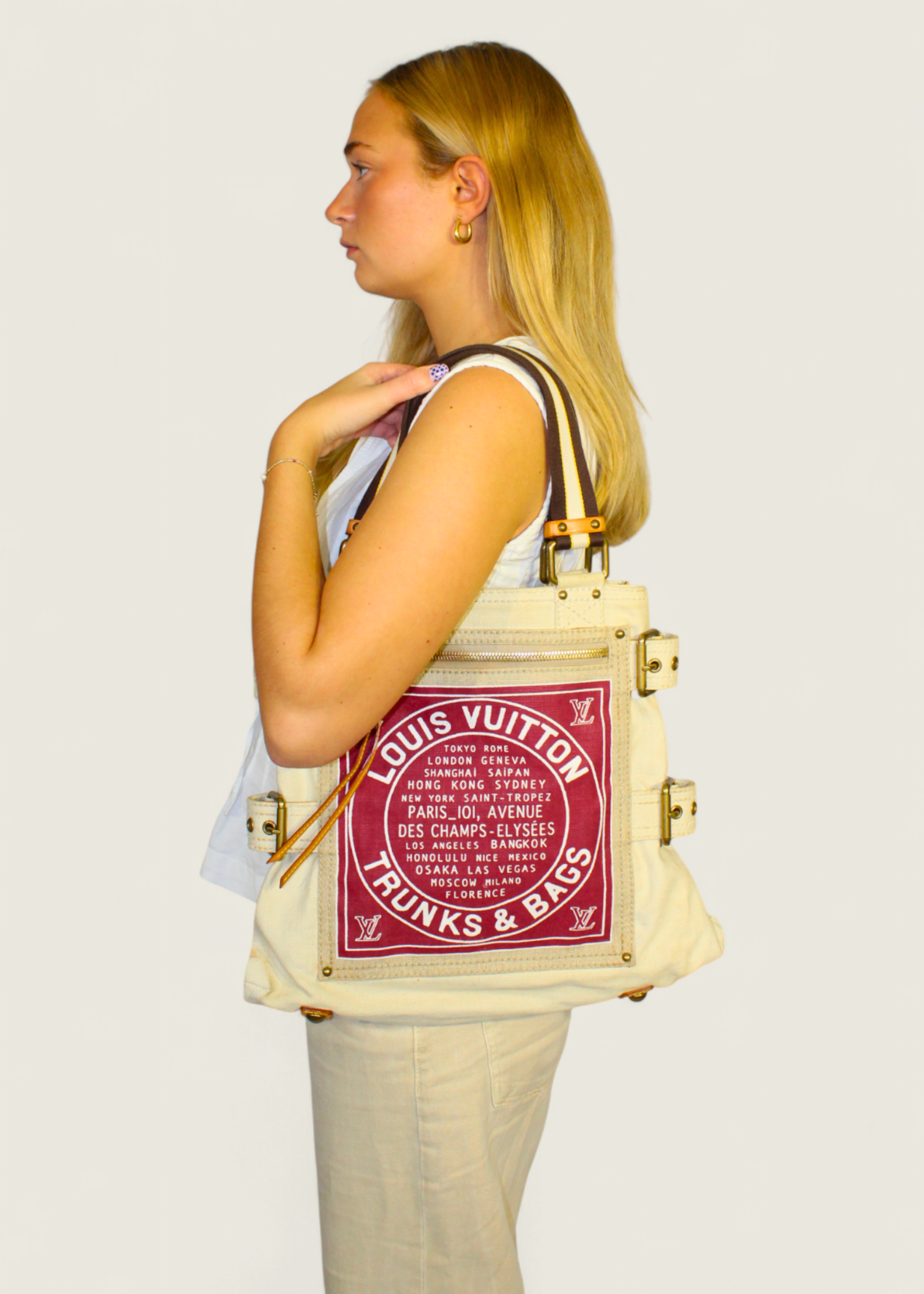 Preloved | Louis Vuitton Toile Globe Shopper Cabas MM Totebag i Denim Rød Canvas