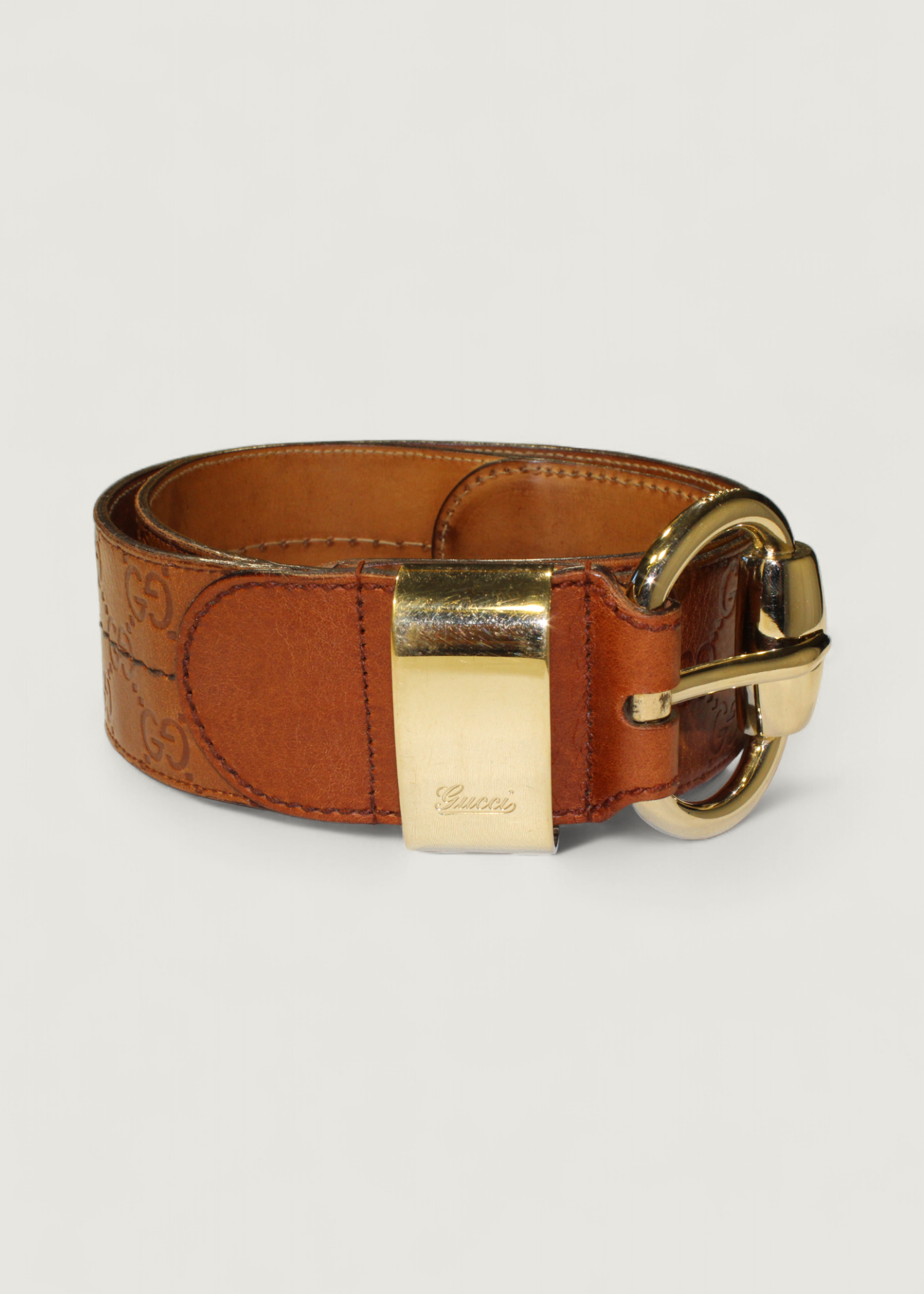 Preloved | Gucci Monogram Guccissima Bredt Læderbælte i Brunt med Guldspænde