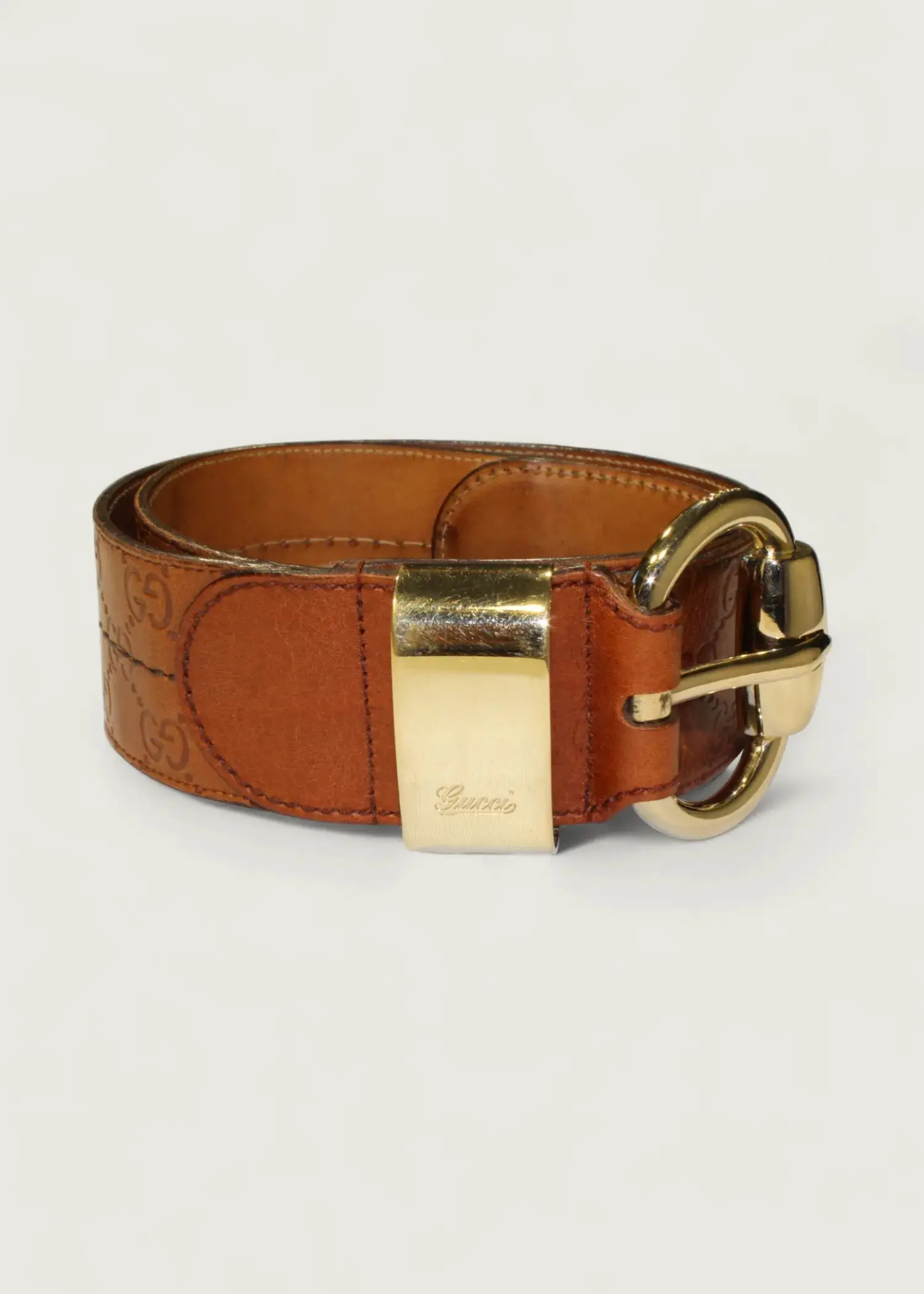 Preloved | Gucci Monogram Guccissima Bredt Læderbælte i Brunt med Guldspænde Gucci