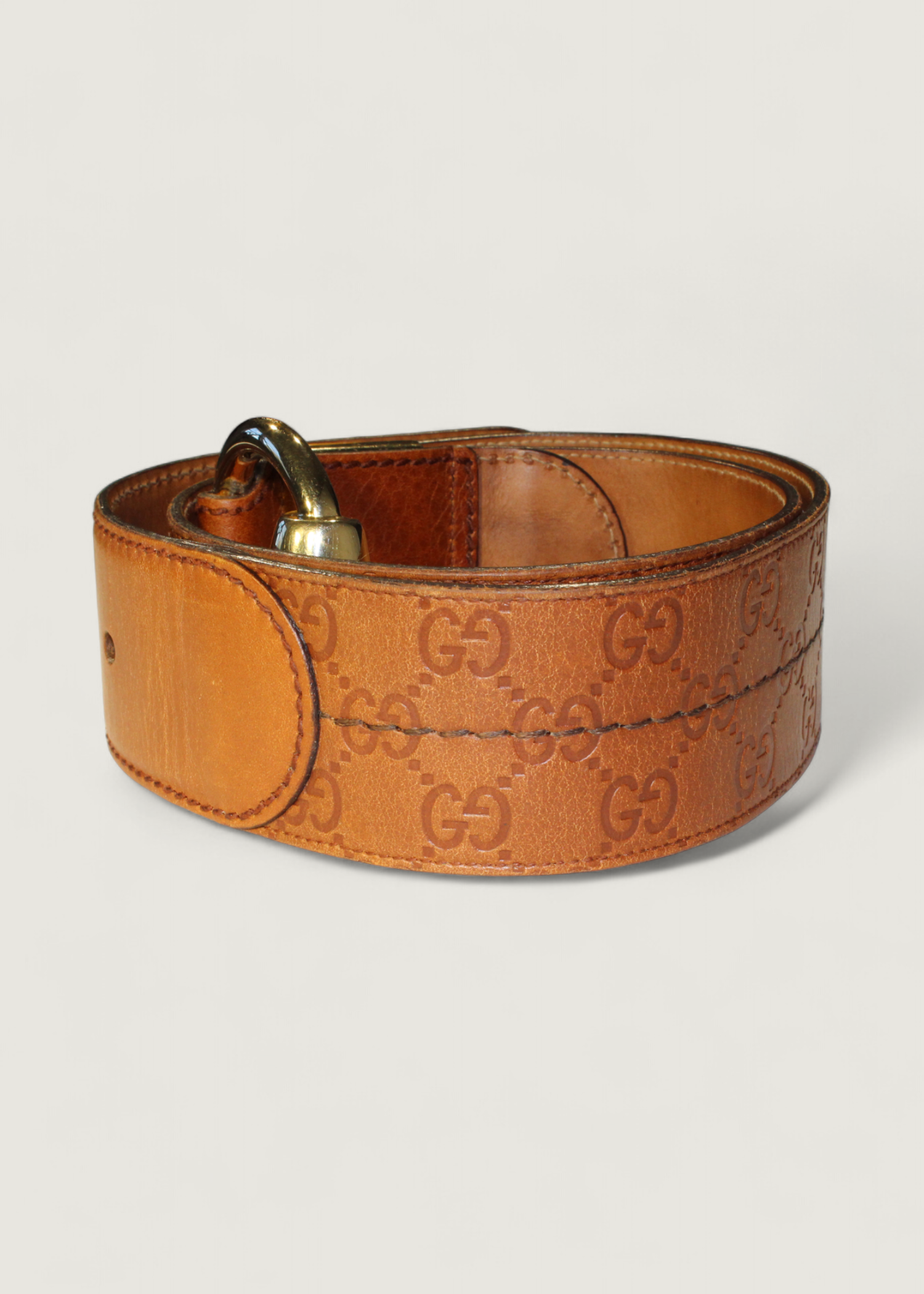 Preloved | Gucci Monogram Guccissima Bredt Læderbælte i Brunt med Guldspænde