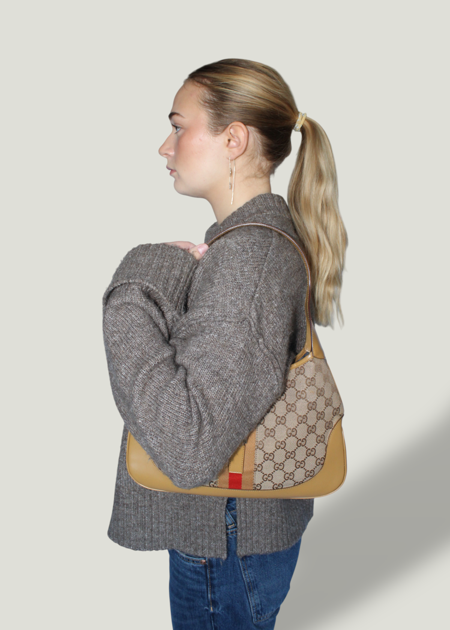 Preloved | Gucci Monogram Jackie Skuldertaske i GG Canvas med Gul Læder