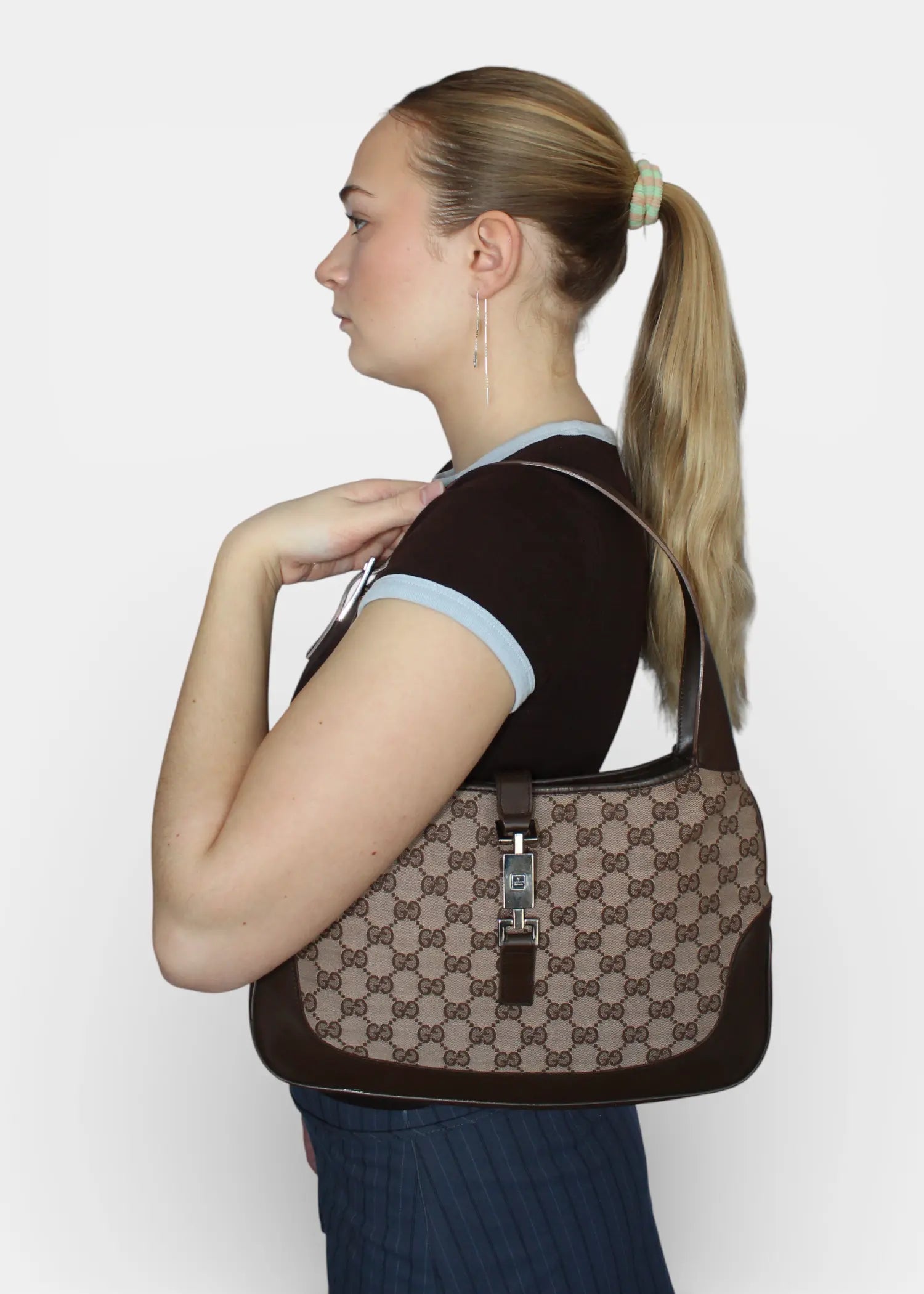 Preloved | Gucci GG Monogram Skuldertaske Jackie med Brun Læder