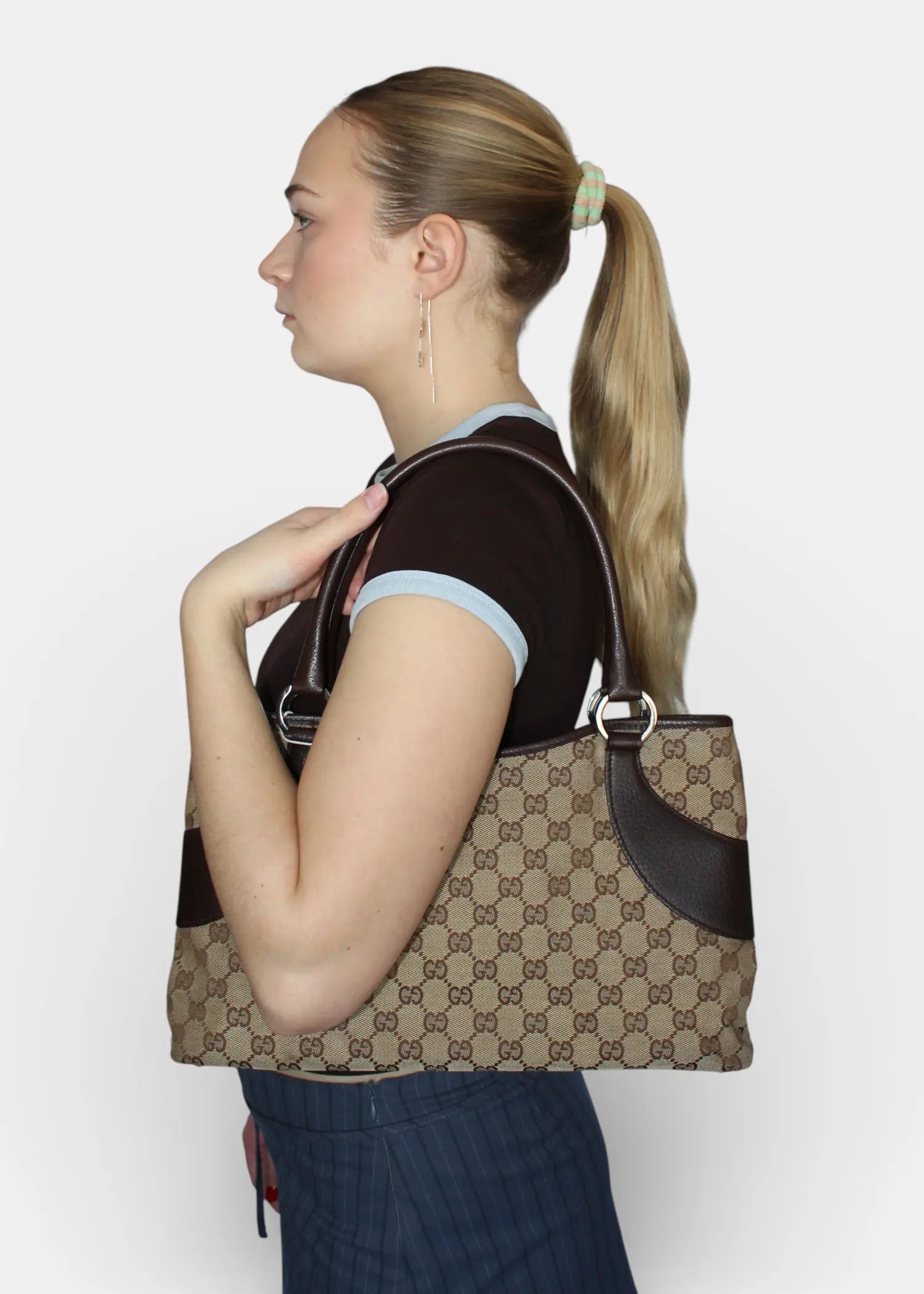 Preloved | Gucci GG Monogram Skuldertaske med Brun Læder