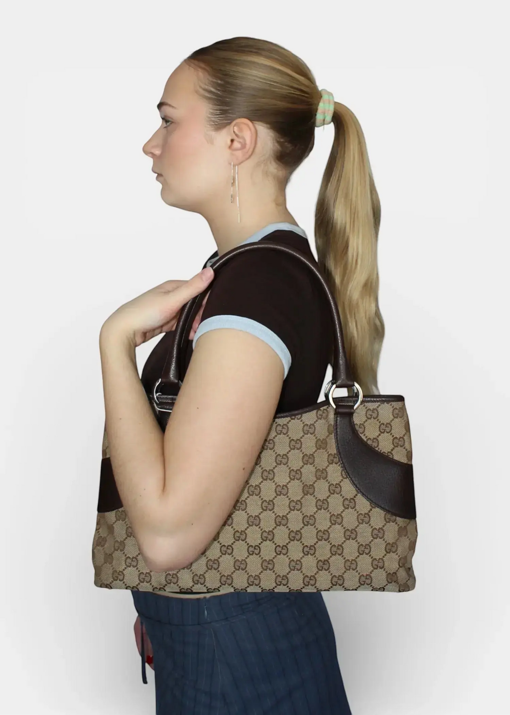 Preloved | Gucci GG Monogram Skuldertaske med Brun Læder Gucci
