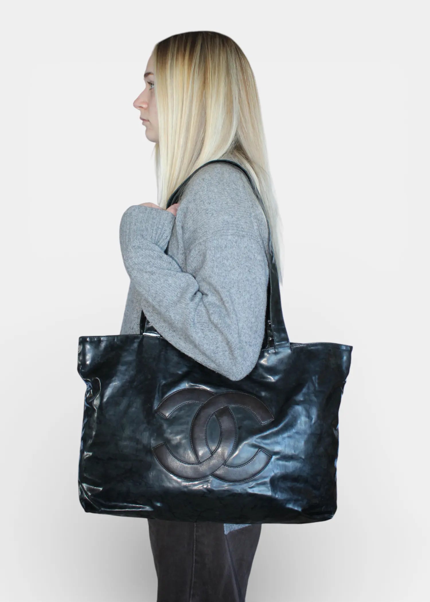 Chanel CC Totebag Sort i PVC med Læder Logo