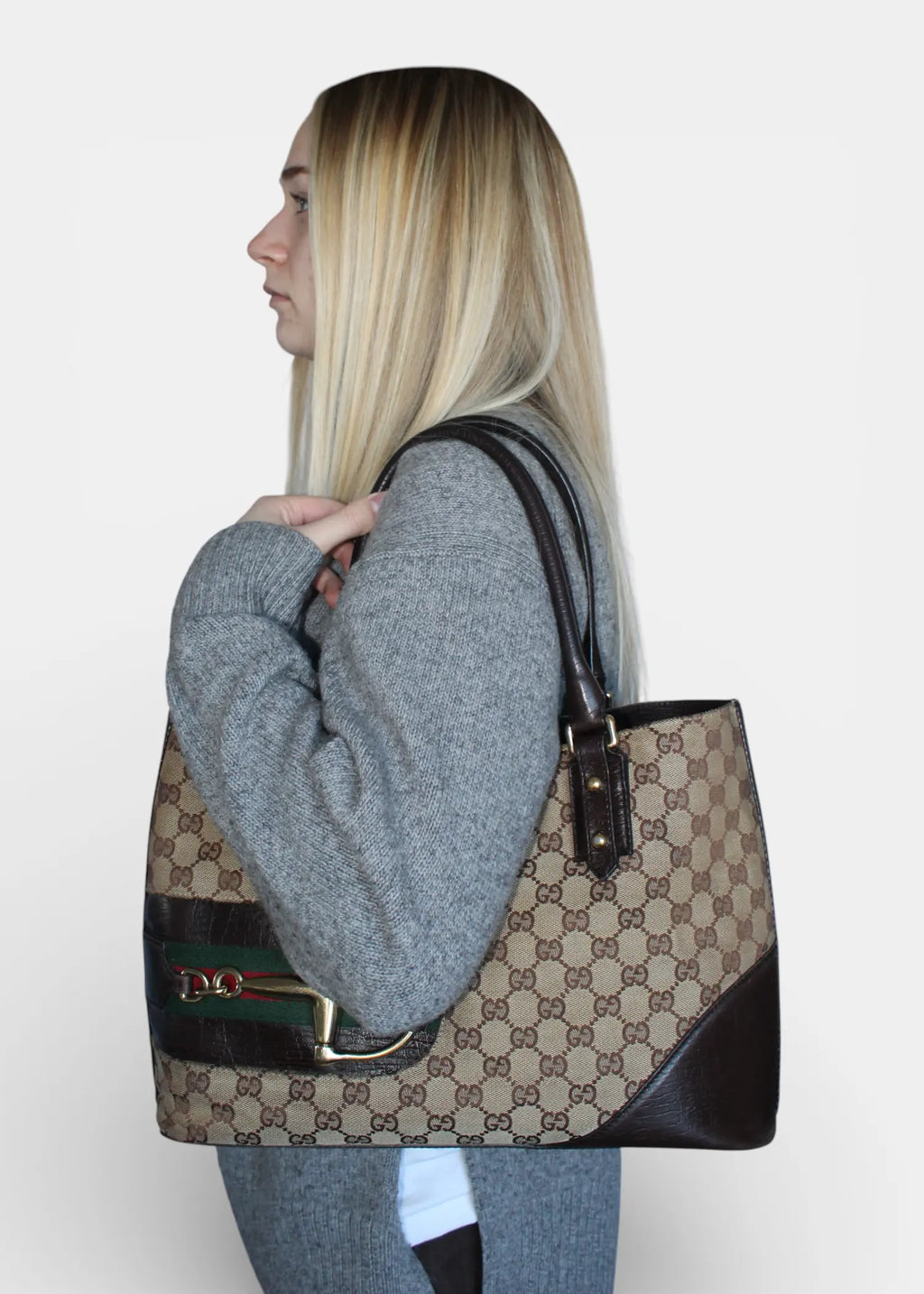 Preloved | Gucci GG Monogram Totebag D-Ring med Brun Læder
