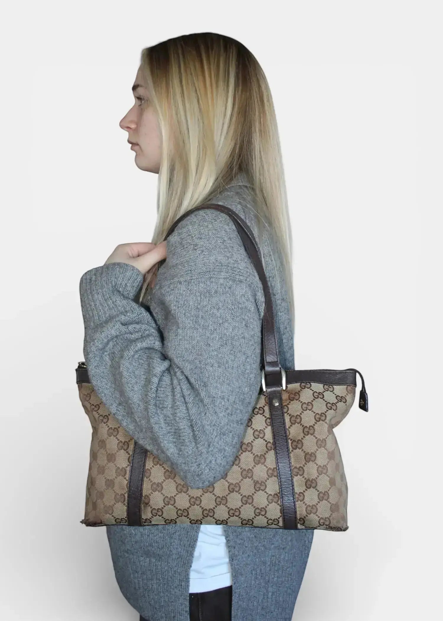 Preloved | Gucci GG Monogram Skuldertaske Abbey med Brun Læder Gucci