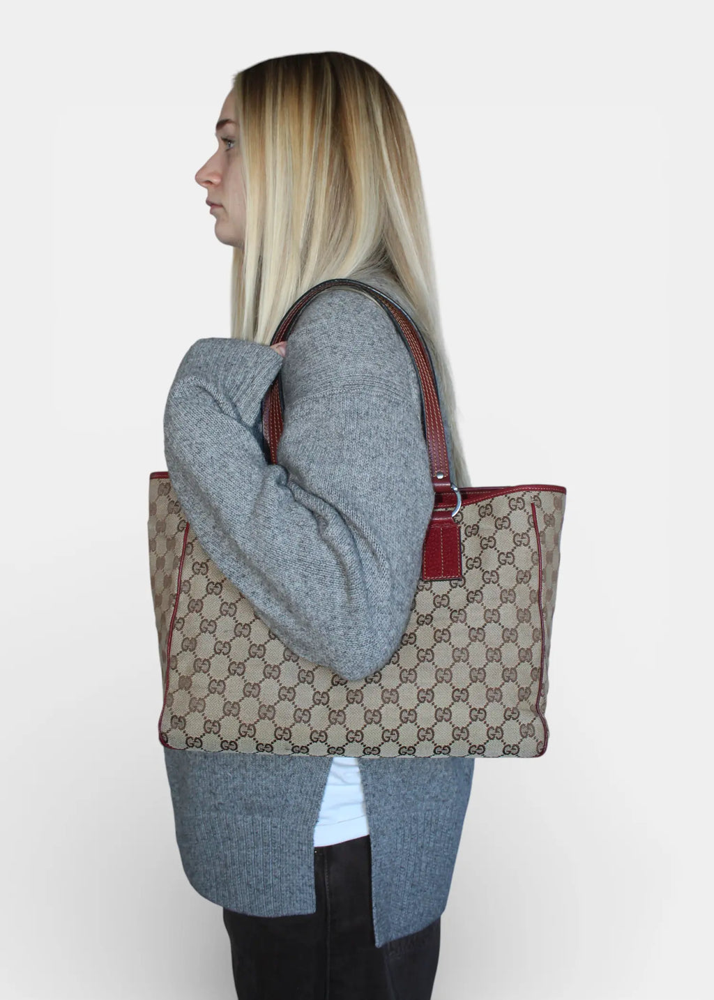 Preloved | Gucci GG Monogram Totebag med Rød Læder