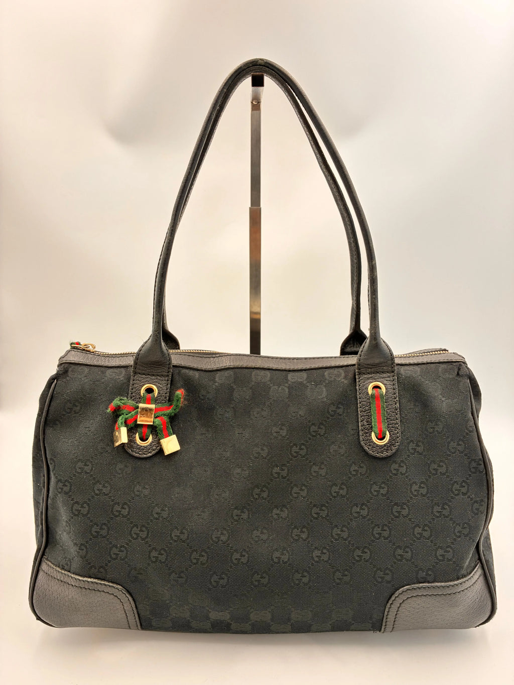Preloved | Gucci Monogram Princy Skuldertaske i Sort Canvas m. Grøn & Rød Sløjfe Gucci
