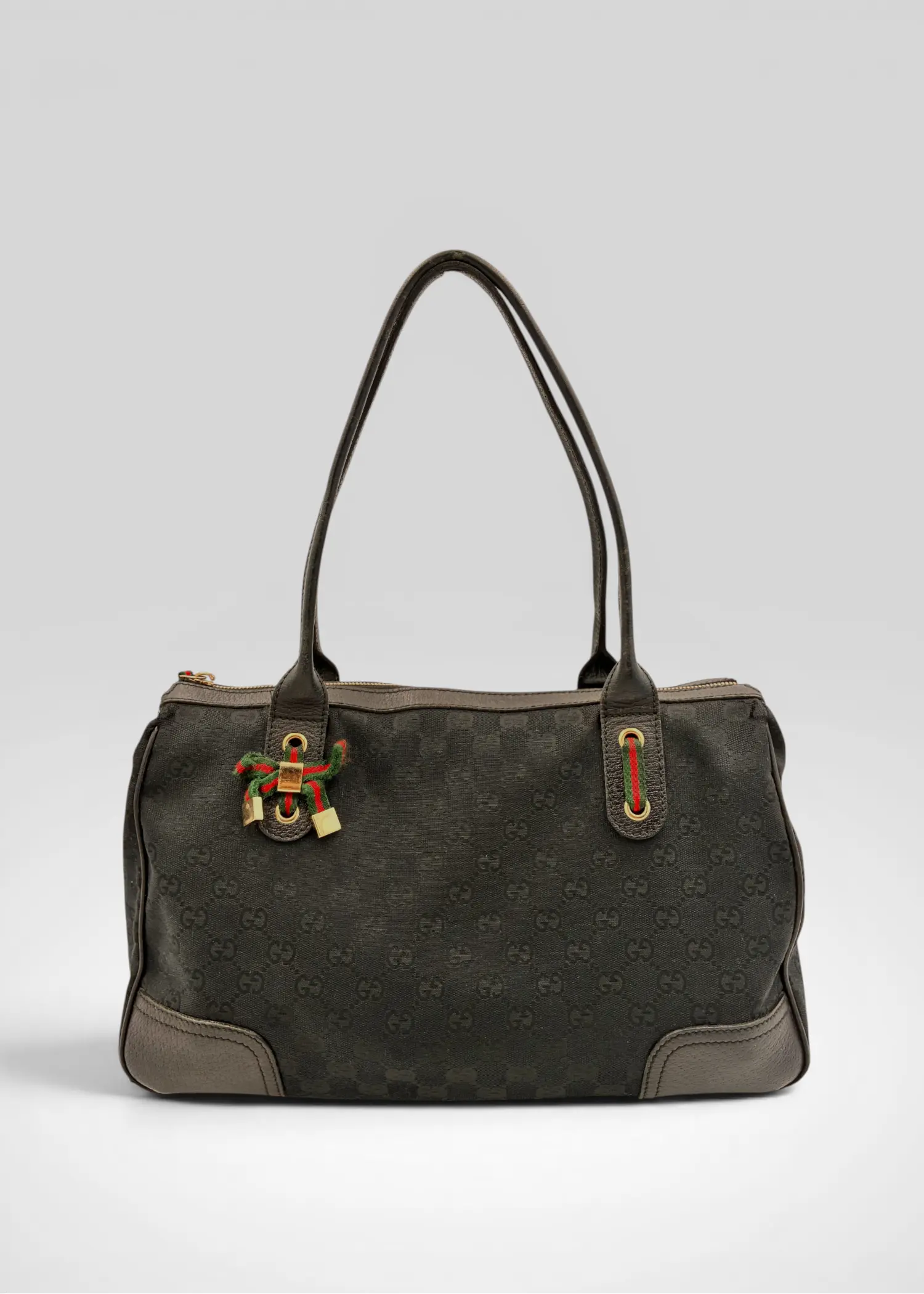 Preloved | Gucci Monogram Princy Skuldertaske i Sort Canvas m. Grøn & Rød Sløjfe Gucci