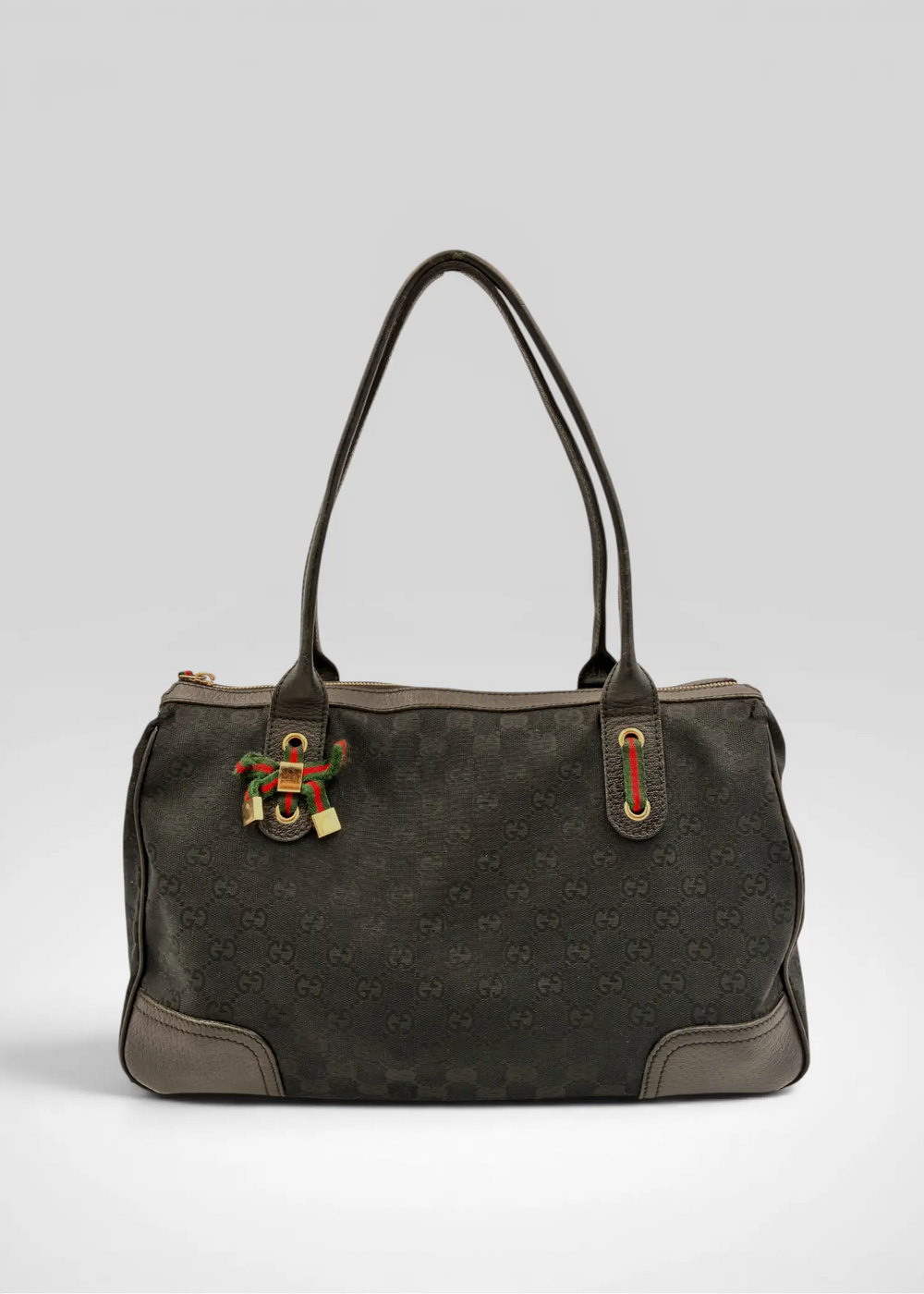Preloved | Gucci Monogram Princy Skuldertaske i Sort Canvas m. Grøn & Rød Sløjfe Gucci