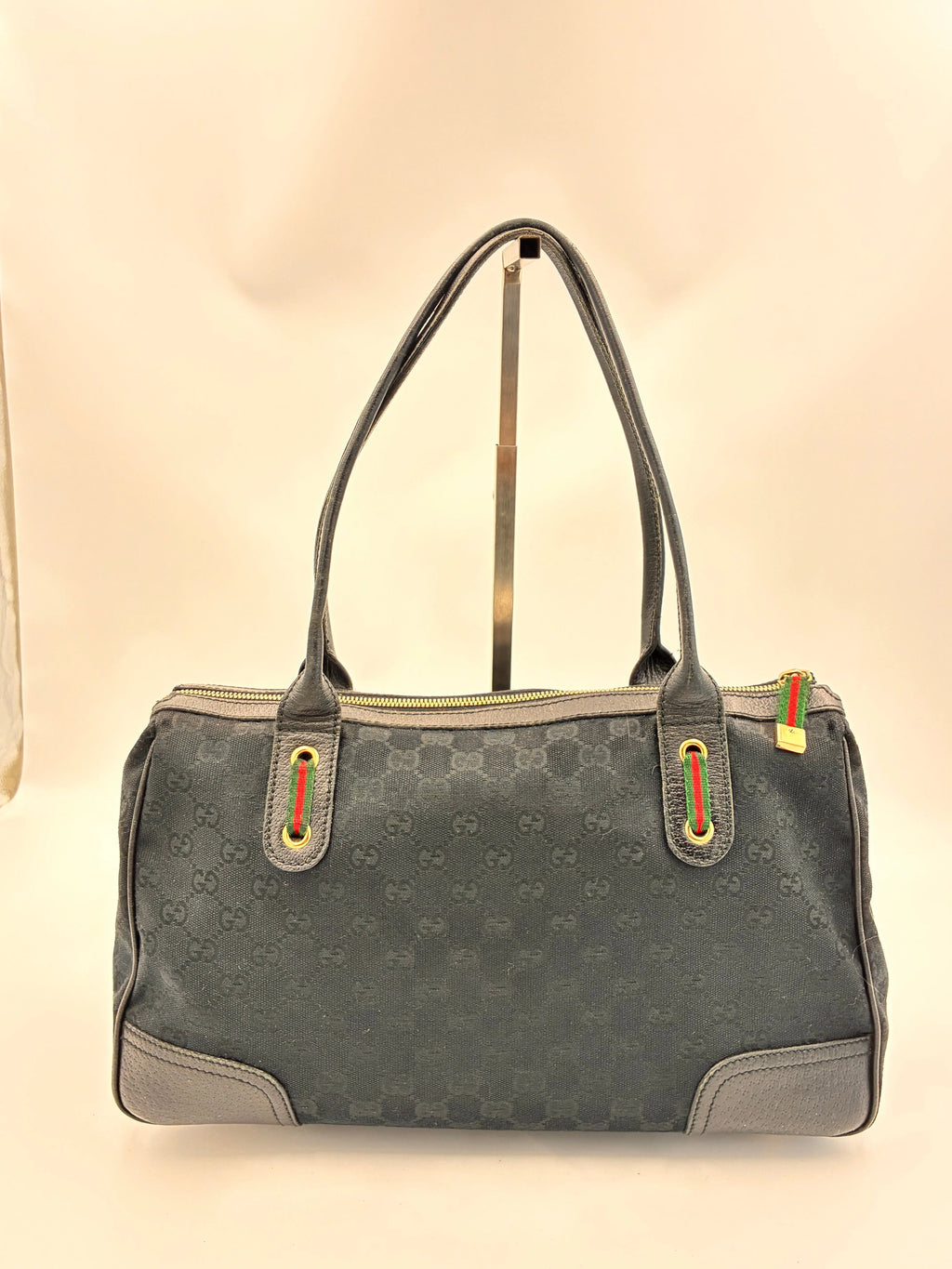 Preloved | Gucci Monogram Princy Skuldertaske i Sort Canvas m. Grøn & Rød Sløjfe Gucci