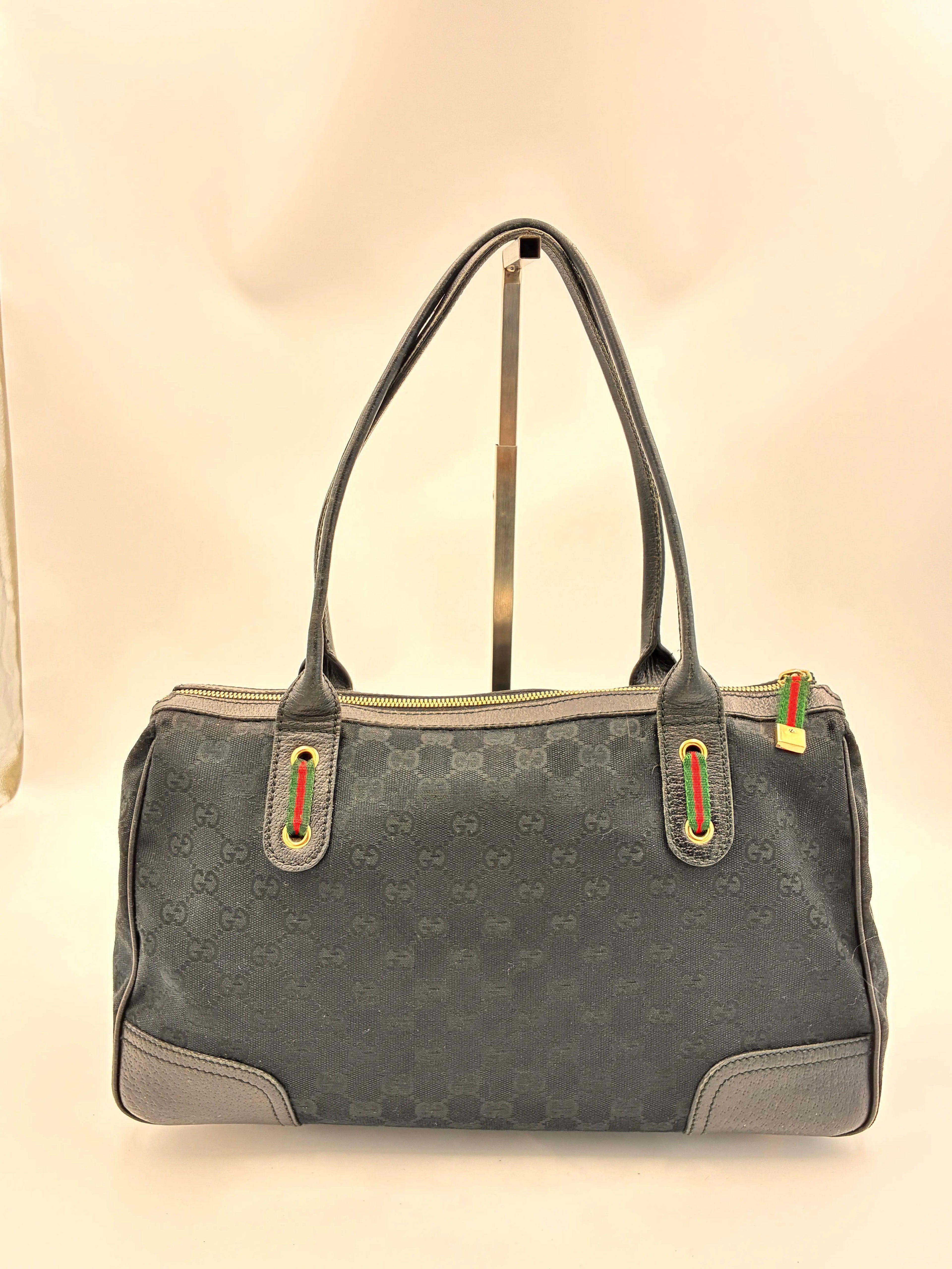 Preloved | Gucci Monogram Princy Skuldertaske i Sort Canvas m. Grøn & Rød Sløjfe Gucci