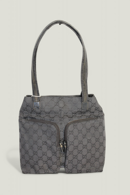 Preloved | GUCCI GG Canvas Håndtaske i Sort med Dobbelt Lynlåslomme