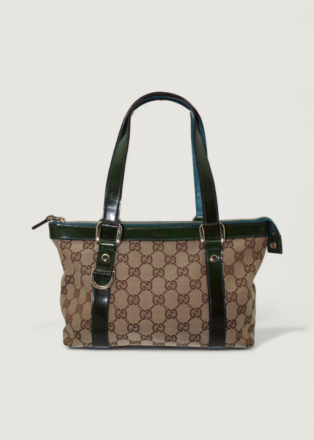 Preloved | Gucci Monogram Abbey Håndtaske i GG Canvas med Grøn Laklæder