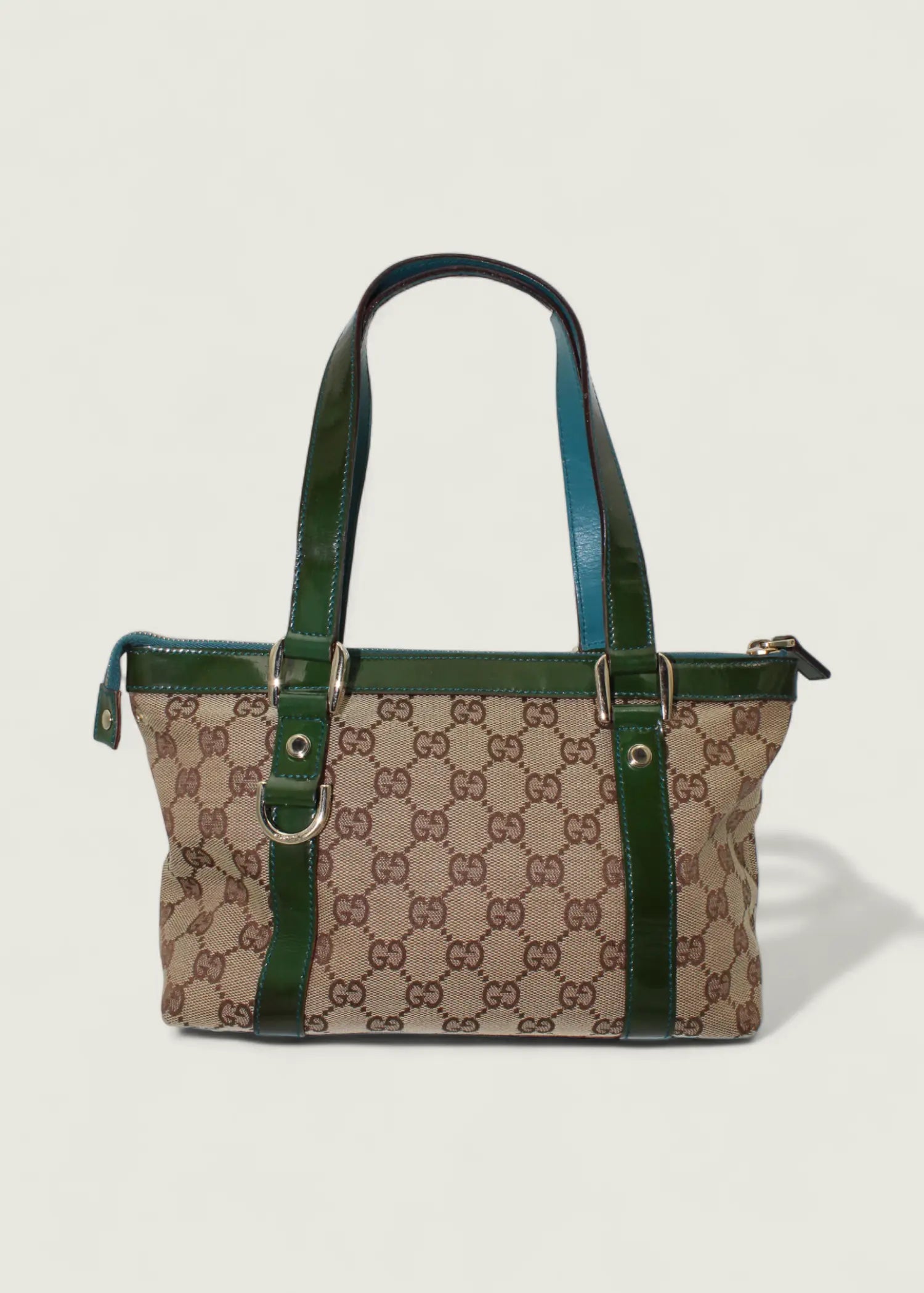 Preloved | Gucci Monogram Abbey Håndtaske i GG Canvas med Grøn Laklæder Gucci