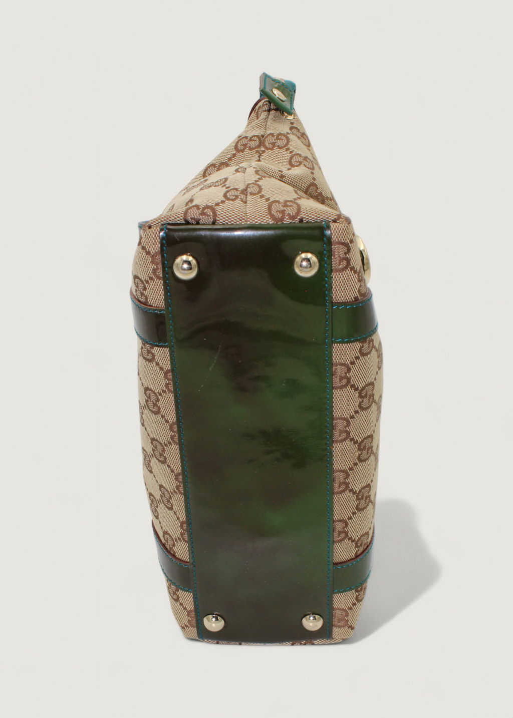 Preloved | Gucci Monogram Abbey Håndtaske i GG Canvas med Grøn Laklæder