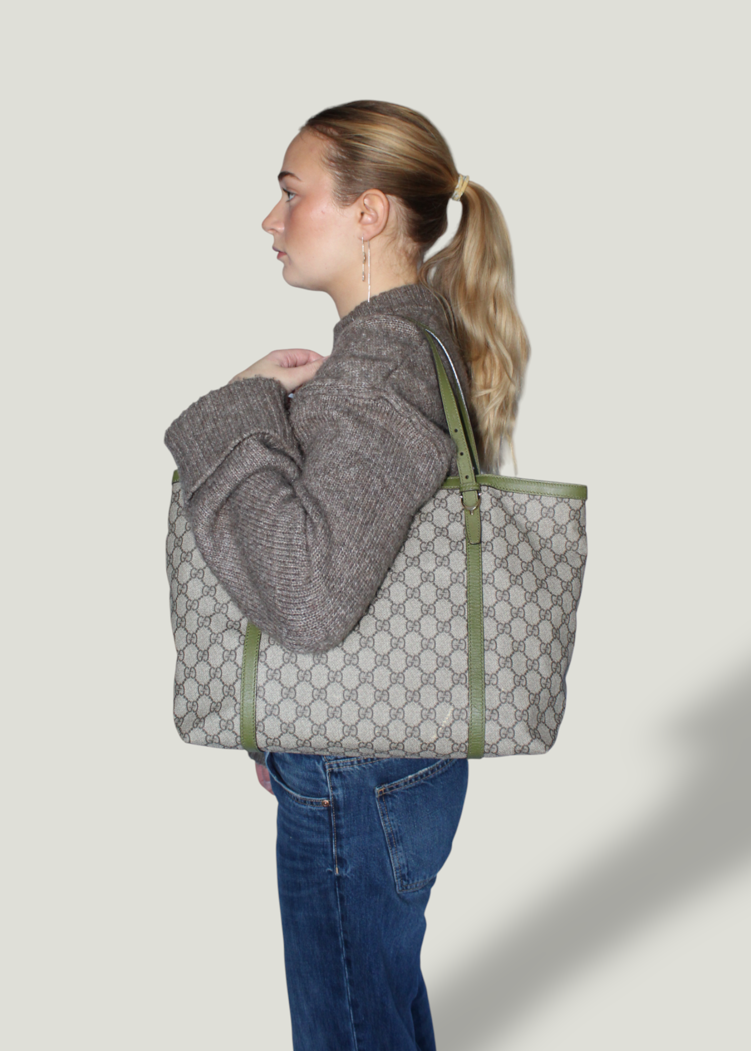 Preloved | Gucci Monogram Nice Totebag i GG Supreme med Grøn Læder