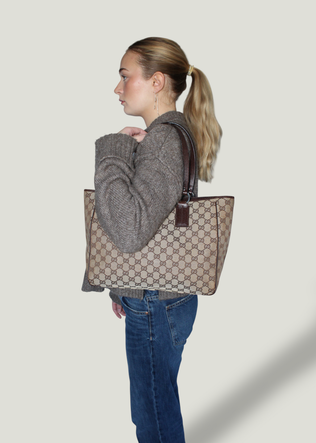 Preloved | Gucci Monogram Totebag i GG Canvas med Brun Læder