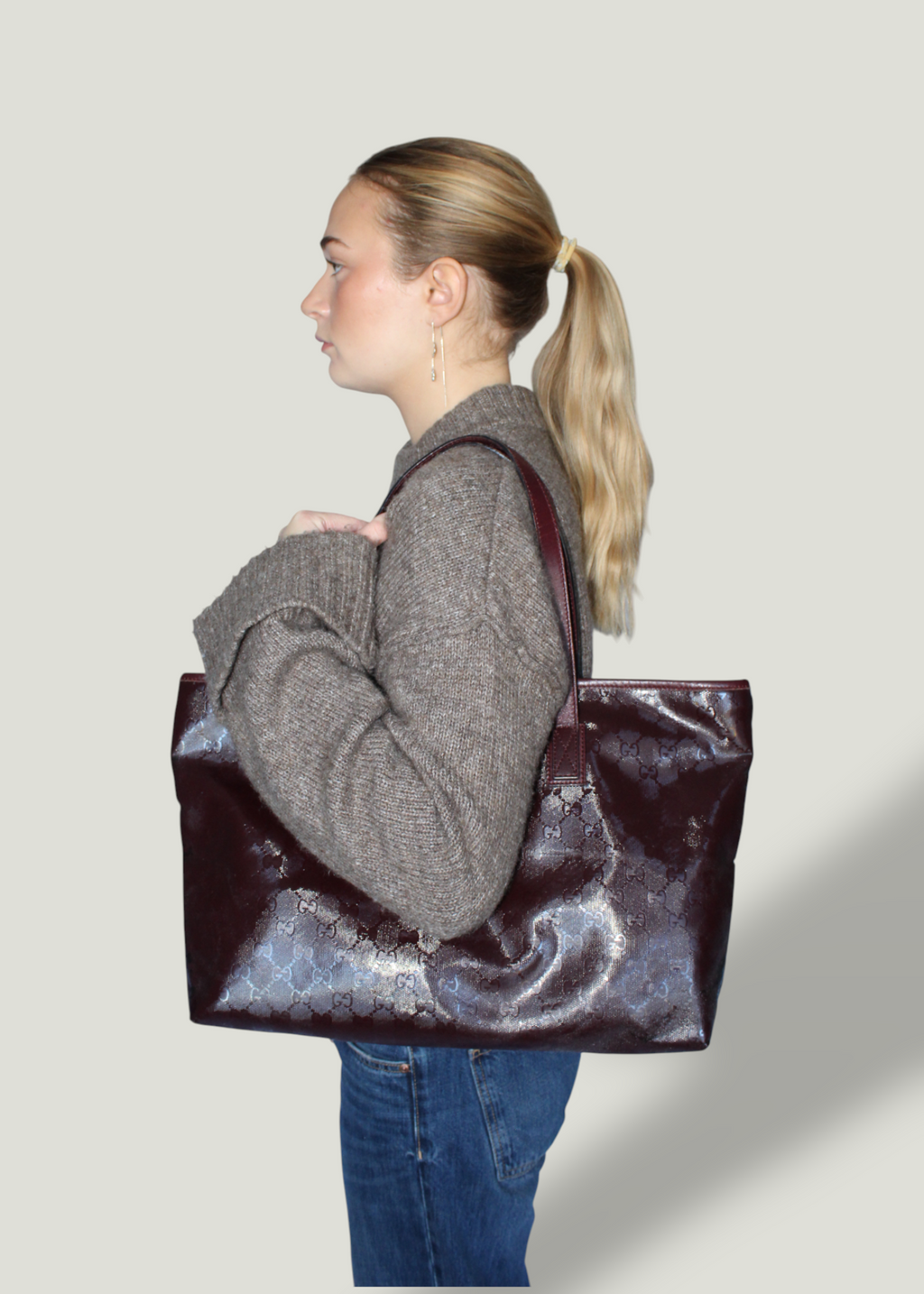 Preloved | Gucci Monogram Totebag i GG Imprime Canvas i Bordeaux Rød