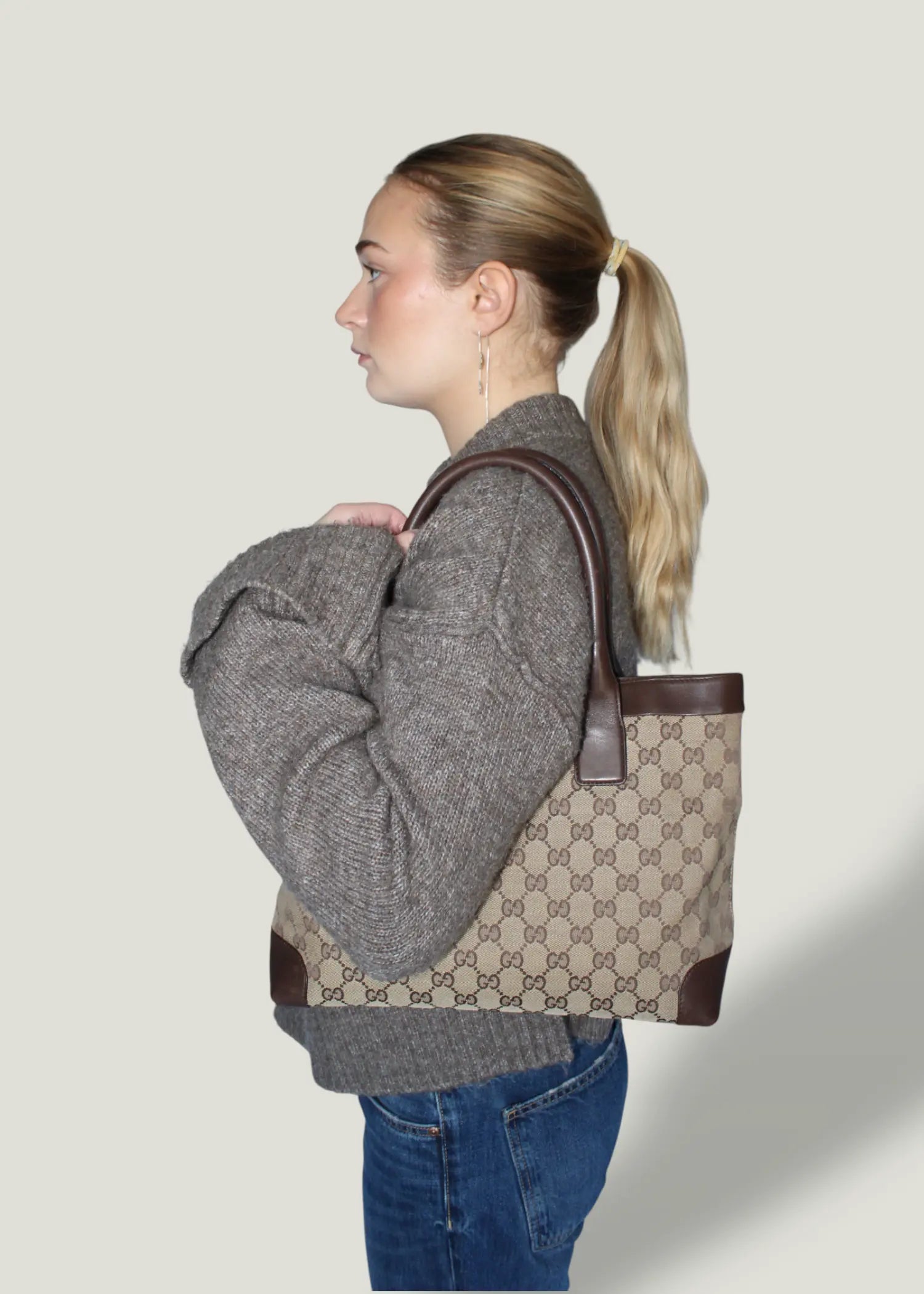 Preloved | Gucci Monogram Totebag i GG Supreme med Brun Læder Gucci