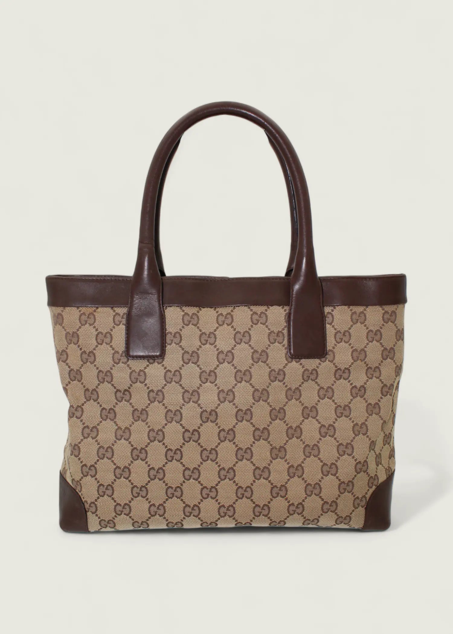 Preloved | Gucci Monogram Totebag i GG Supreme med Brun Læder Gucci