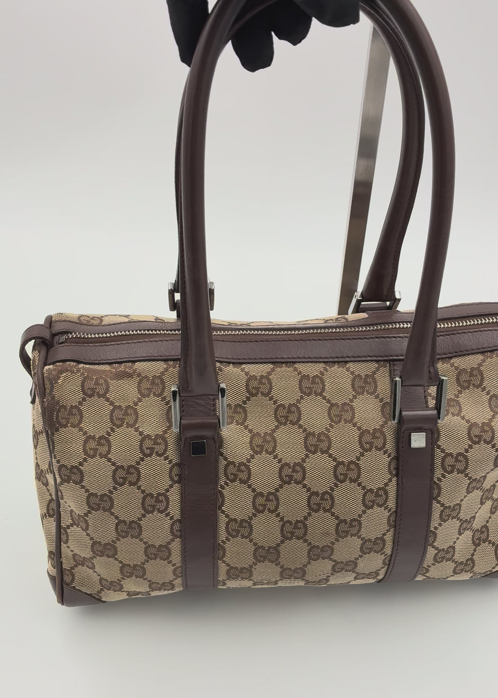 Preloved | Gucci Monogram Lille Boston Håndtaske i Brun Canvas