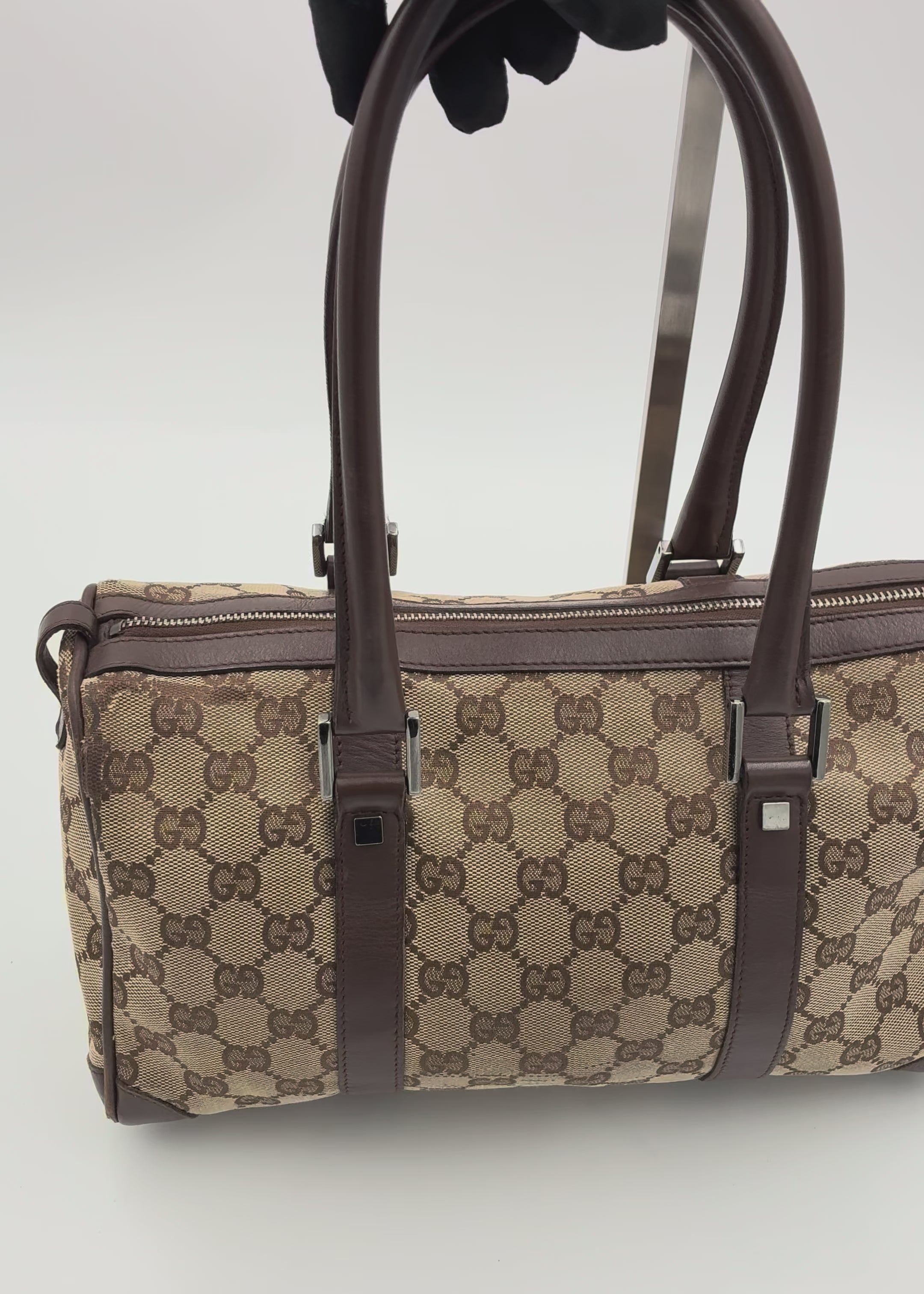 Preloved | Gucci Monogram Lille Boston Håndtaske i Brun Canvas