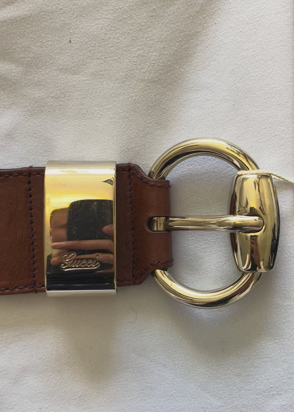 Preloved | Gucci Monogram Guccissima Bredt Læderbælte i Brunt med Guldspænde