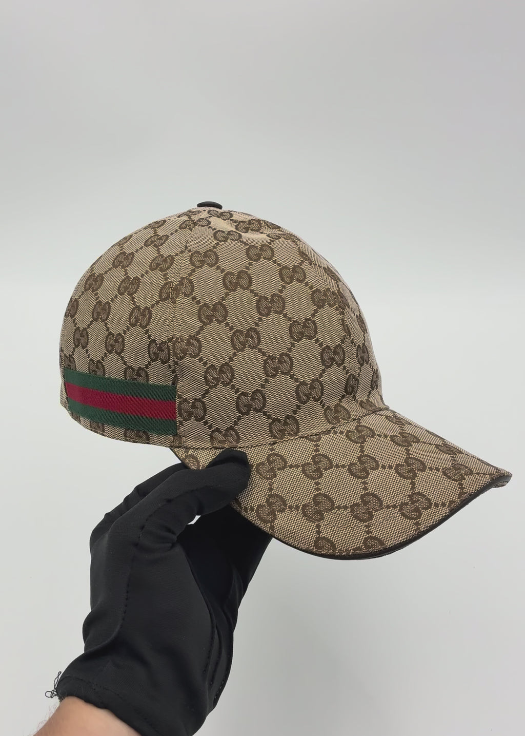 Preloved | Gucci Monogram Baseball Kasket i Canvas m. Grøn & Rød Stribe